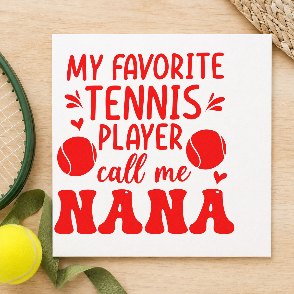 Favorite Tennis Player Nana craft stamp imprint in red ink on a handmade project, one idea being photo note cards.