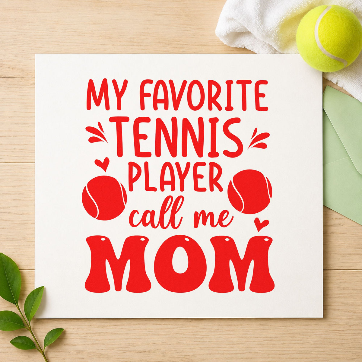 Favorite Tennis Player Mom craft stamp imprint in red ink on a handmade project, one idea being order form cards.