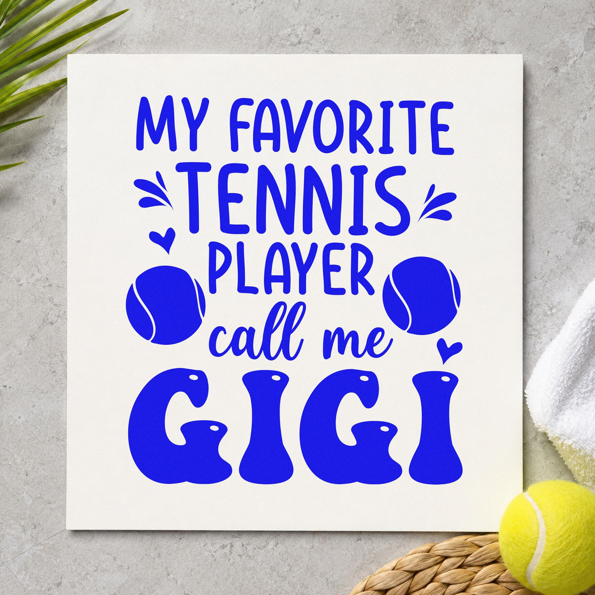Favorite Tennis Player Gigi craft stamp imprinted in blue ink on paper, a design suited to framed packing corner.