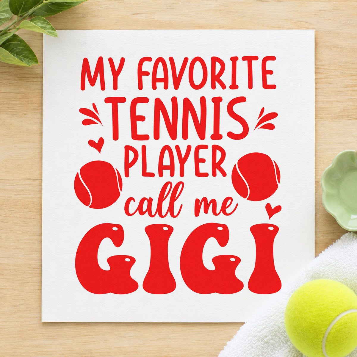 Favorite Tennis Player Gigi craft stamp imprint in red ink on a handmade project, one idea being note slip cards.