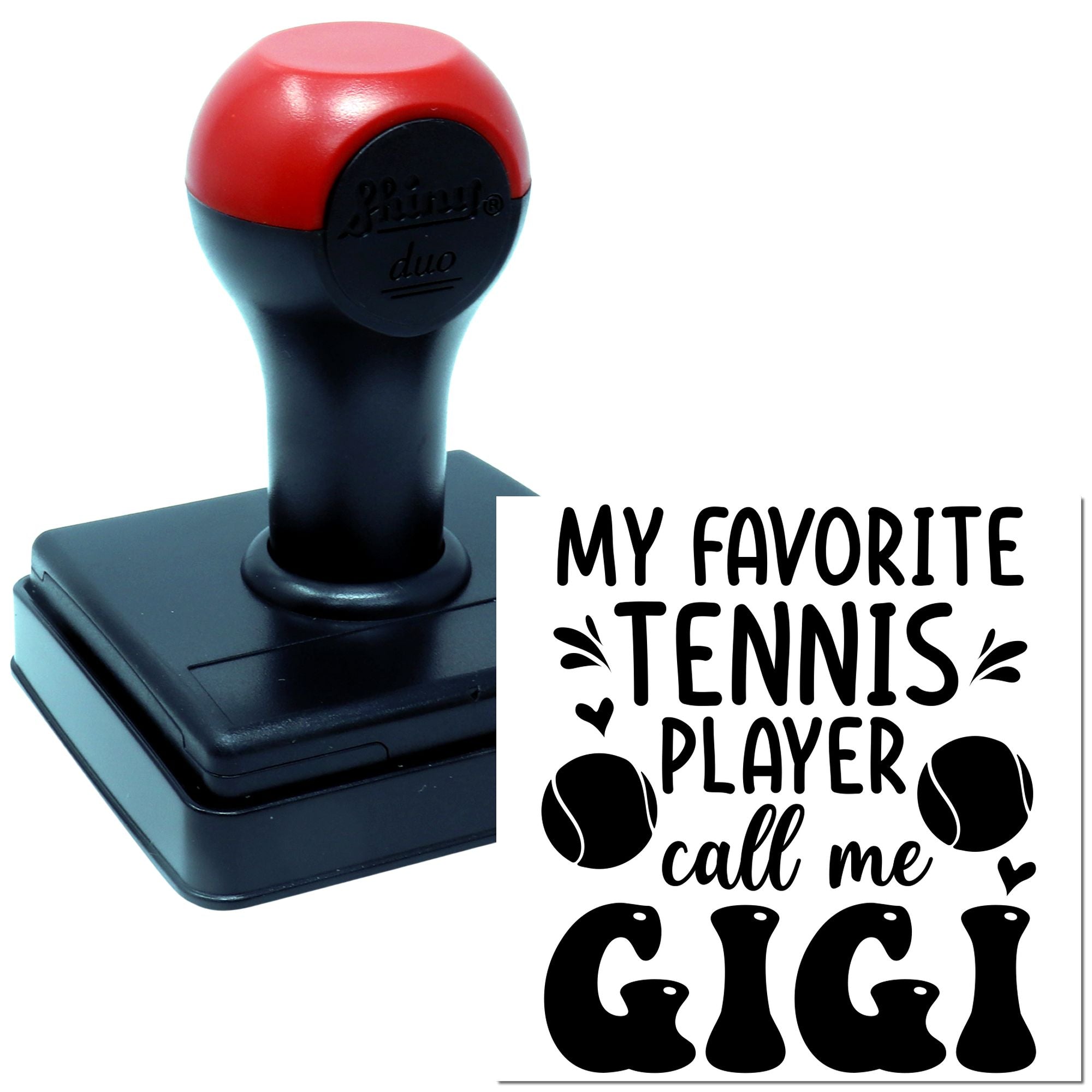 Custom tennis player rubber stamp with self-inking stamp and My favorite tennis player call me Gigi design.