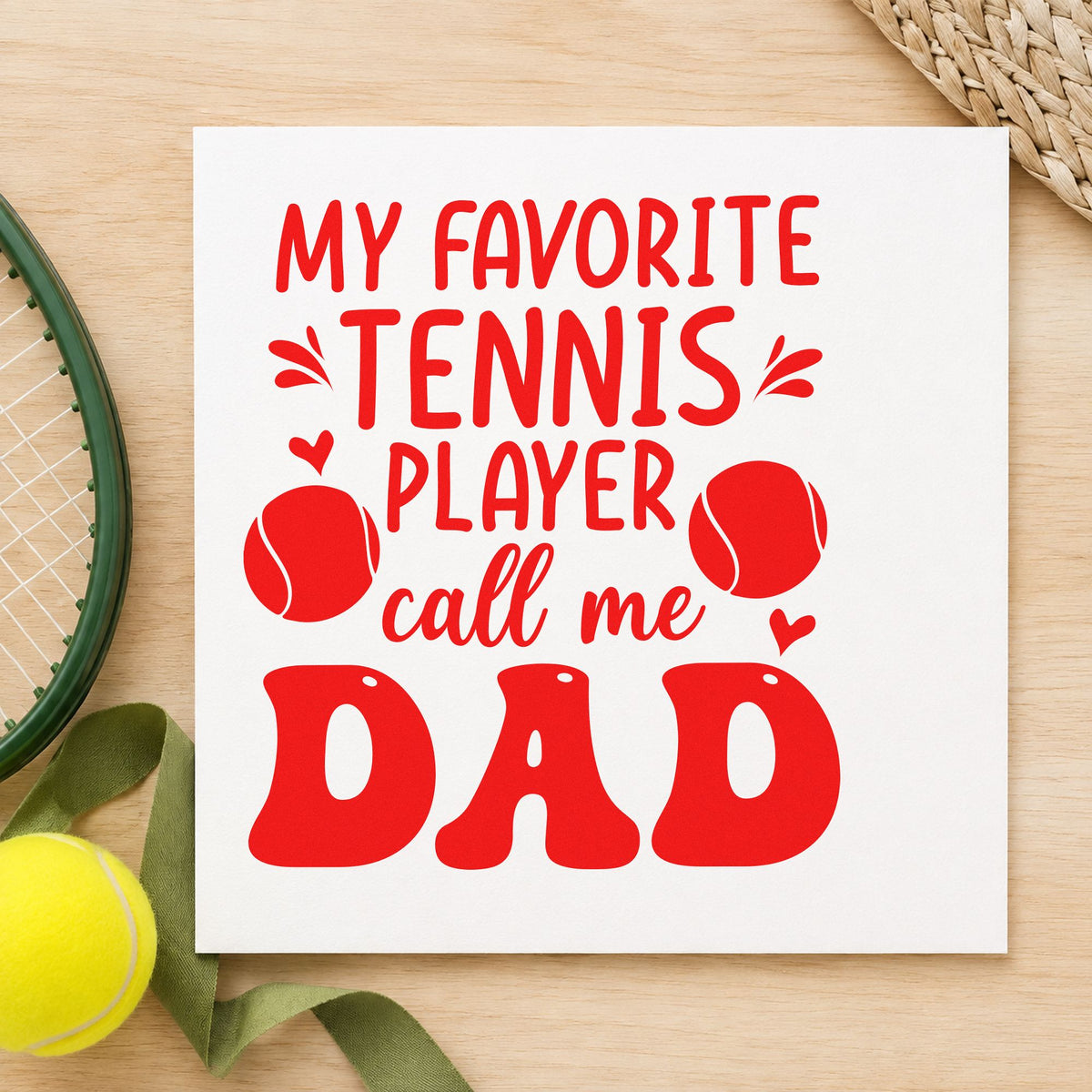 Favorite Tennis Player Dad craft stamp imprint in red ink on a handmade project, one idea being clip note cards.