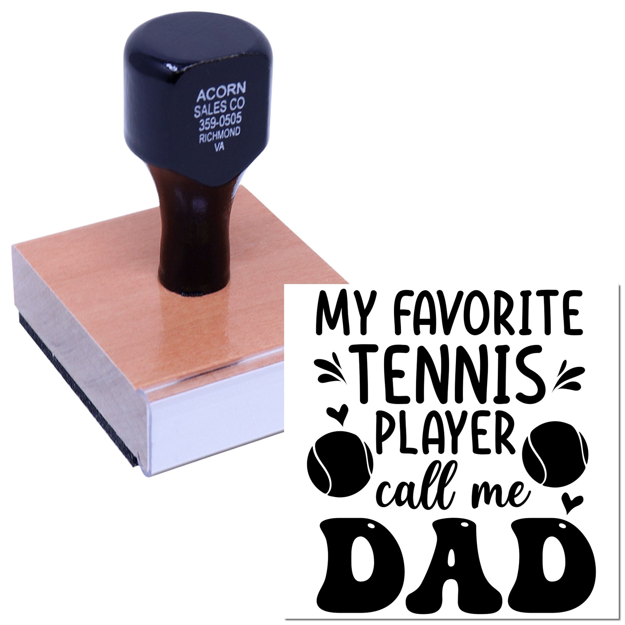 Tennis dad rubber stamp design with My favorite tennis player call me Dad text and tennis ball graphics for custom gifts.