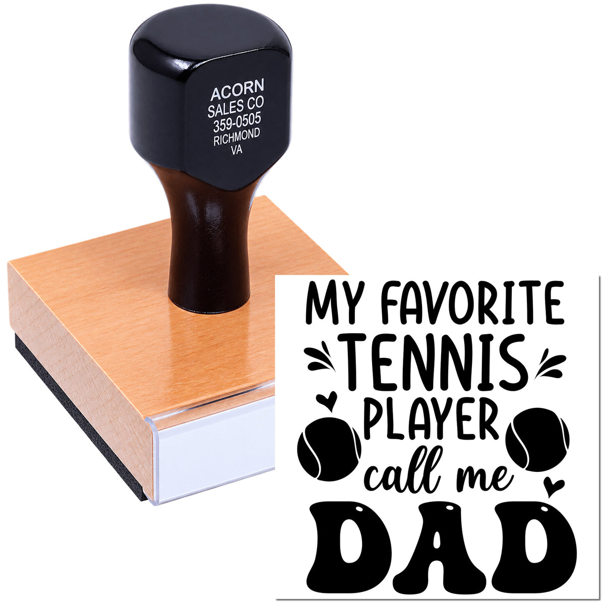 Tennis dad rubber stamp design with My favorite tennis player call me Dad text and tennis ball graphics for custom gifts.