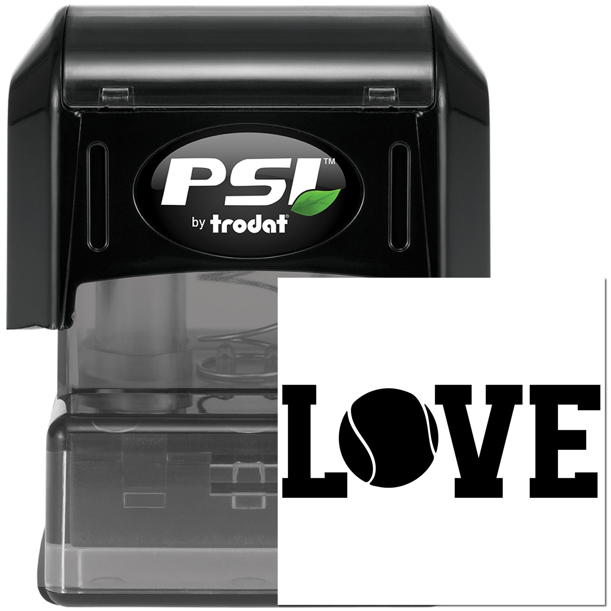 PSI by Trodat self-inking rubber stamp with LOVE design, ideal for custom craft projects and branding.