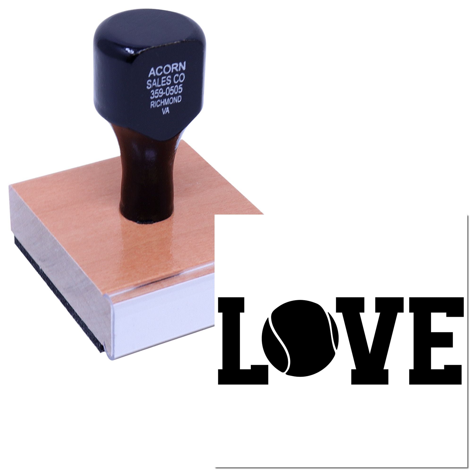 Custom rubber stamp on wooden block with LOVE design, ideal for personalized business branding and craft stamping.