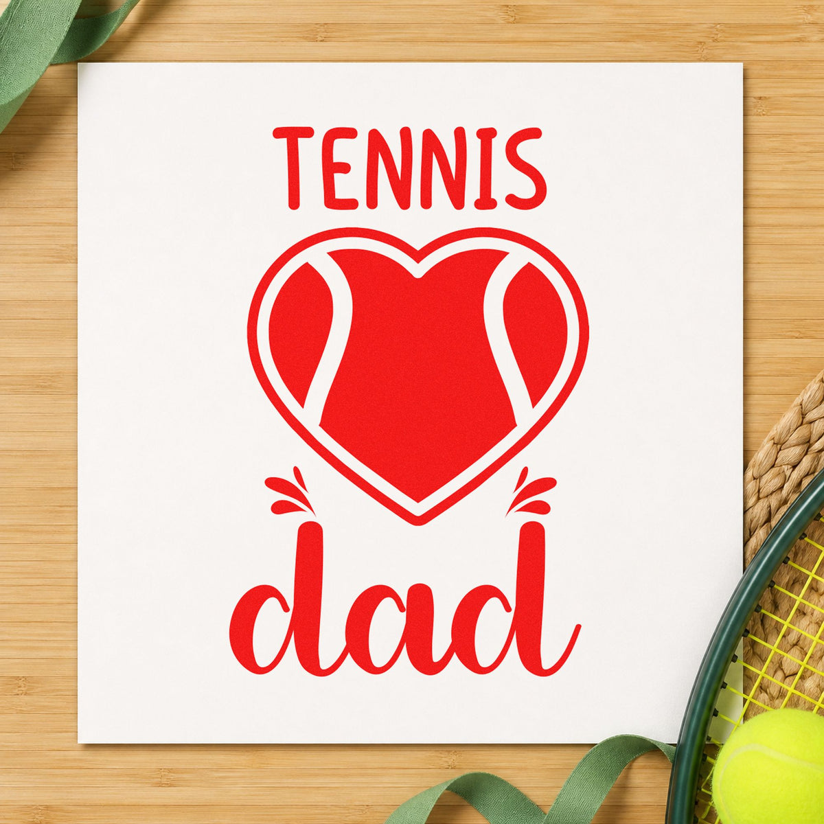 Tennis Dad Heart Ball rubber stamp shown in red ink, stamped for projects such as bin drill labels.