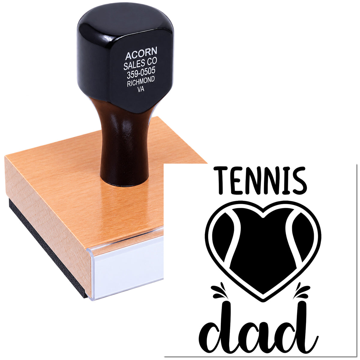 Tennis dad rubber stamp with heart tennis ball design for sports-themed cards, gifts, and handmade packaging.