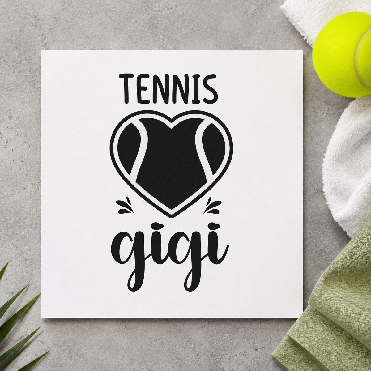 Tennis Gigi Heart Ball craft stamp in black ink on cardstock, an easy option for dinner album page.