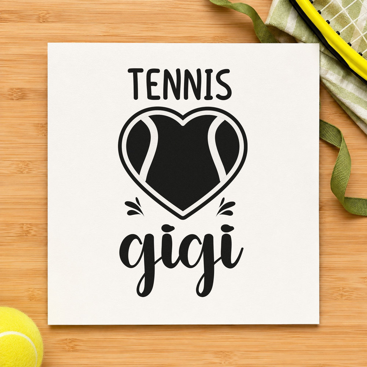 Tennis Gigi Heart Ball craft stamp imprint in black ink on a handmade project, one idea being leftover tin gift tags.