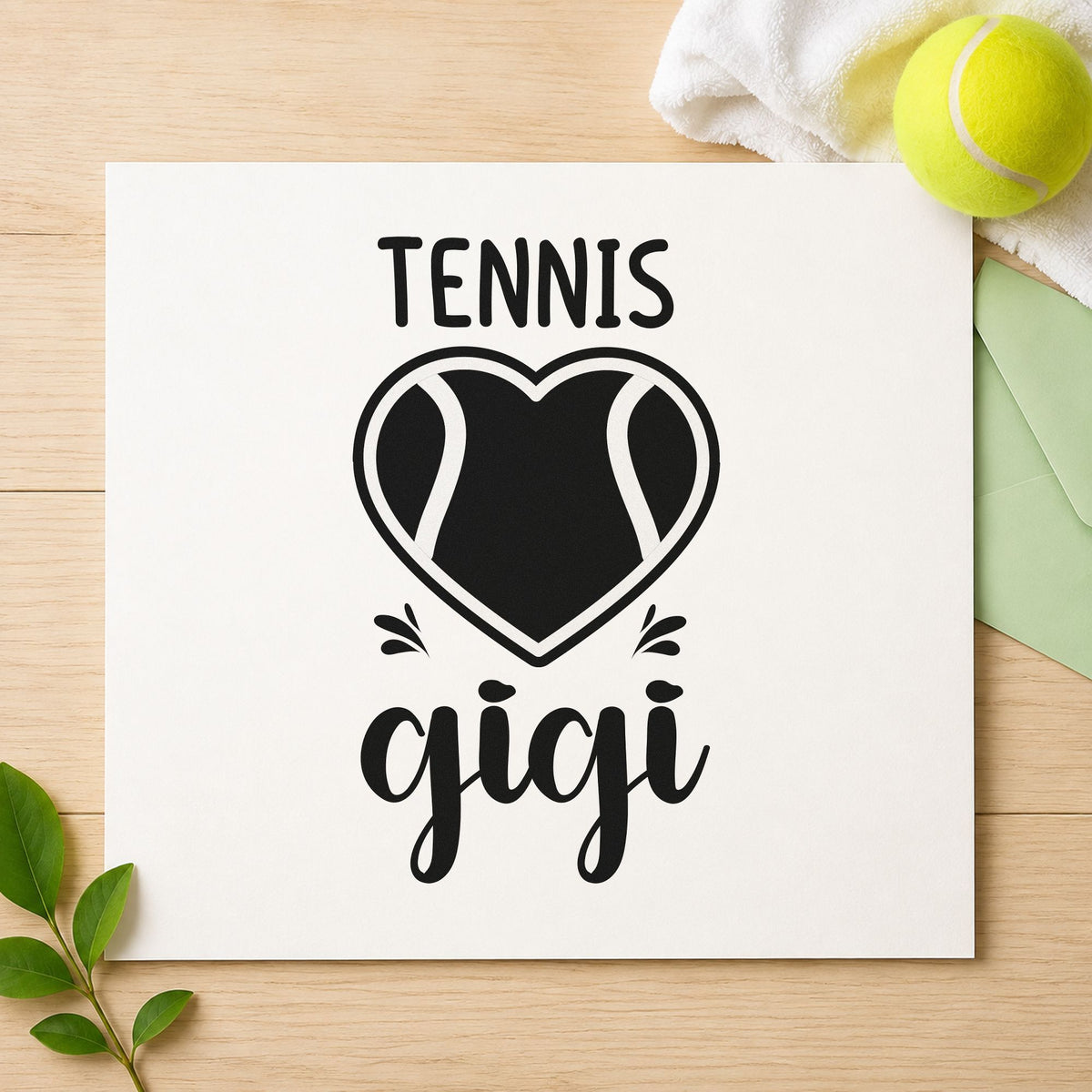 Tennis Gigi Heart Ball rubber stamp printed in black ink, ready for dinner rota sheet and similar paper crafts.