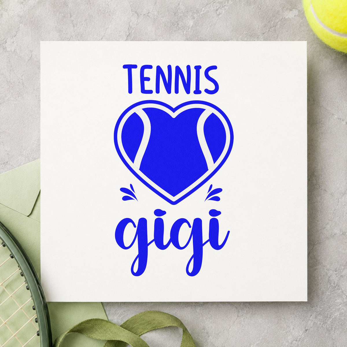 Tennis Gigi Heart Ball craft stamp imprinted in blue ink on paper, a design suited to framed dining wall.