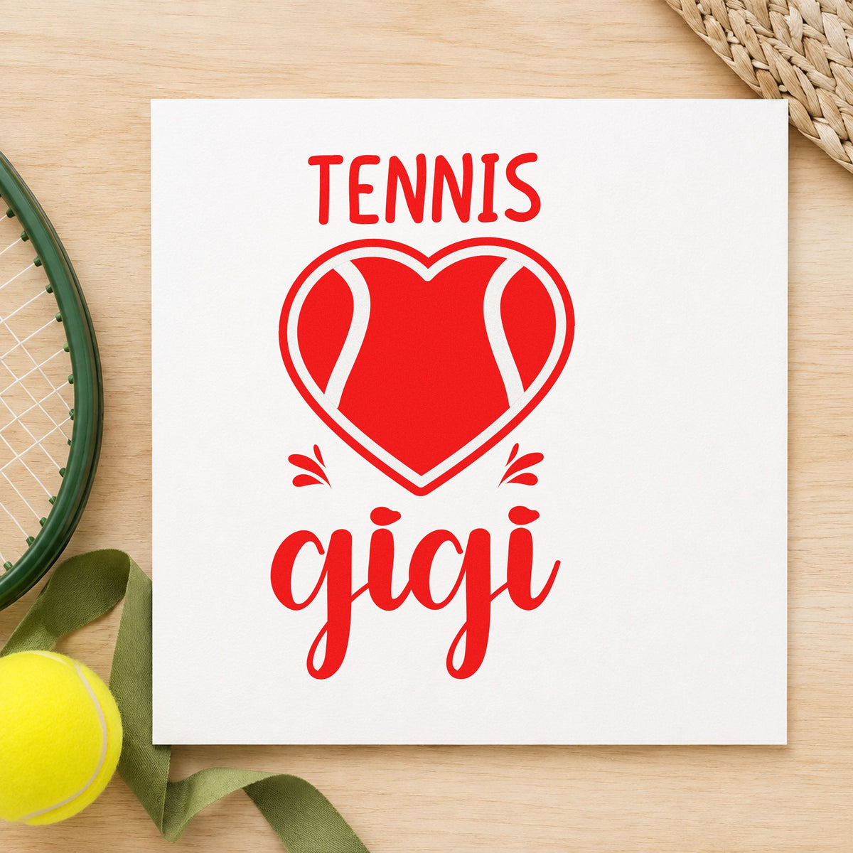 Tennis Gigi Heart Ball craft stamp imprint in red ink on a handmade project, one idea being recipe share cards.