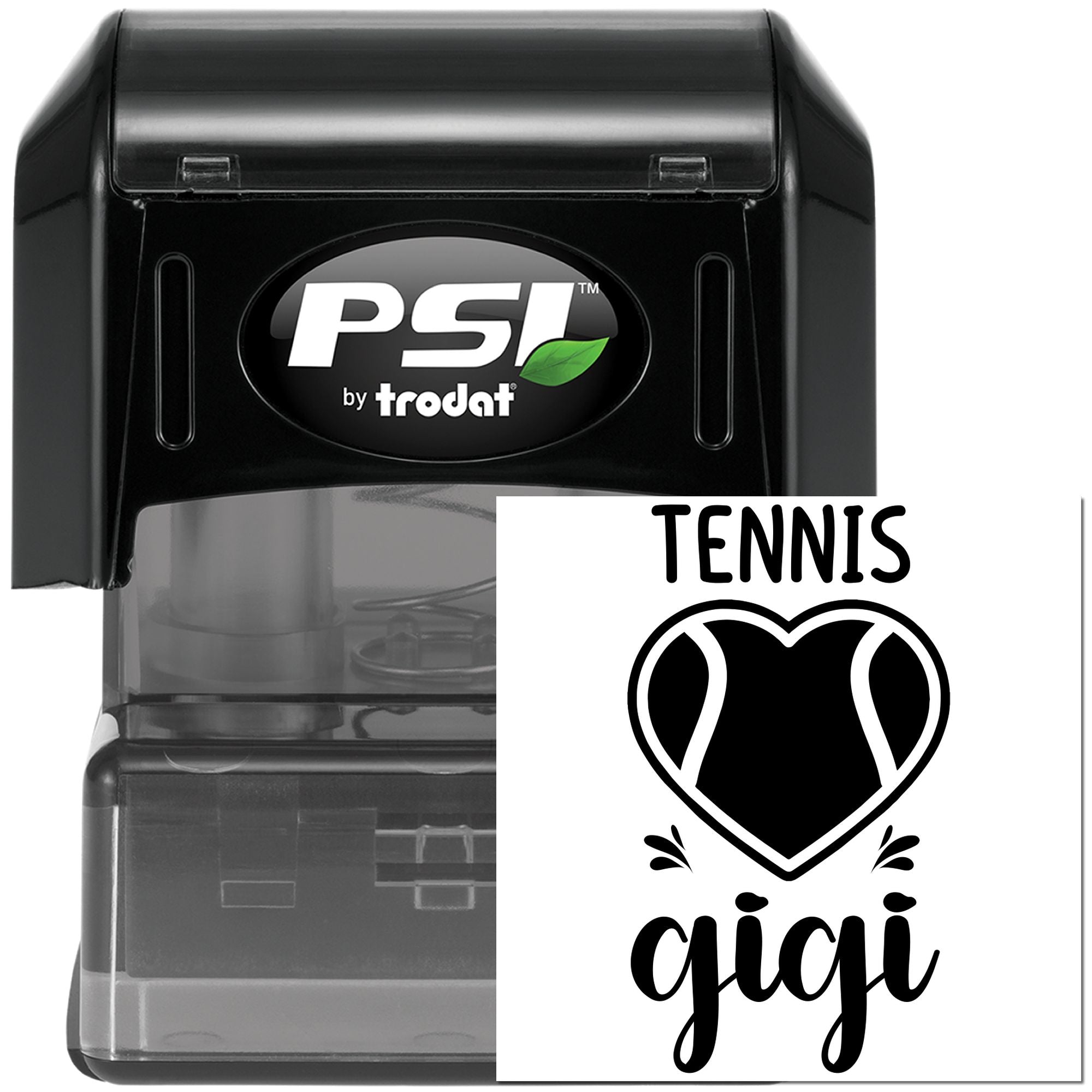 Custom self-inking tennis rubber stamp with heart design and personalized name Gigi, PSI by Trodat.