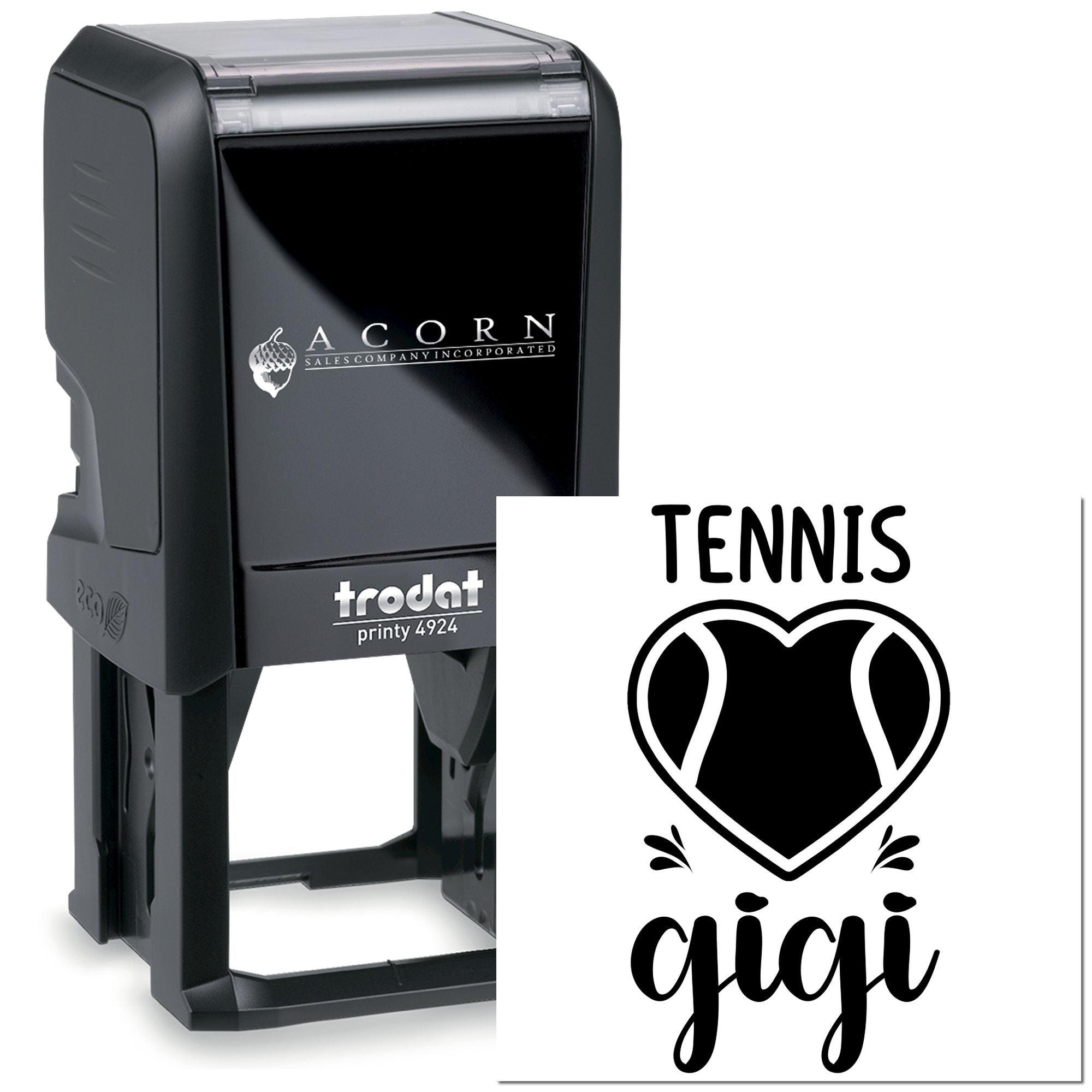 Self-inking Trodat Printy 4924 custom tennis rubber stamp with heart logo and personalized text for sports branding.