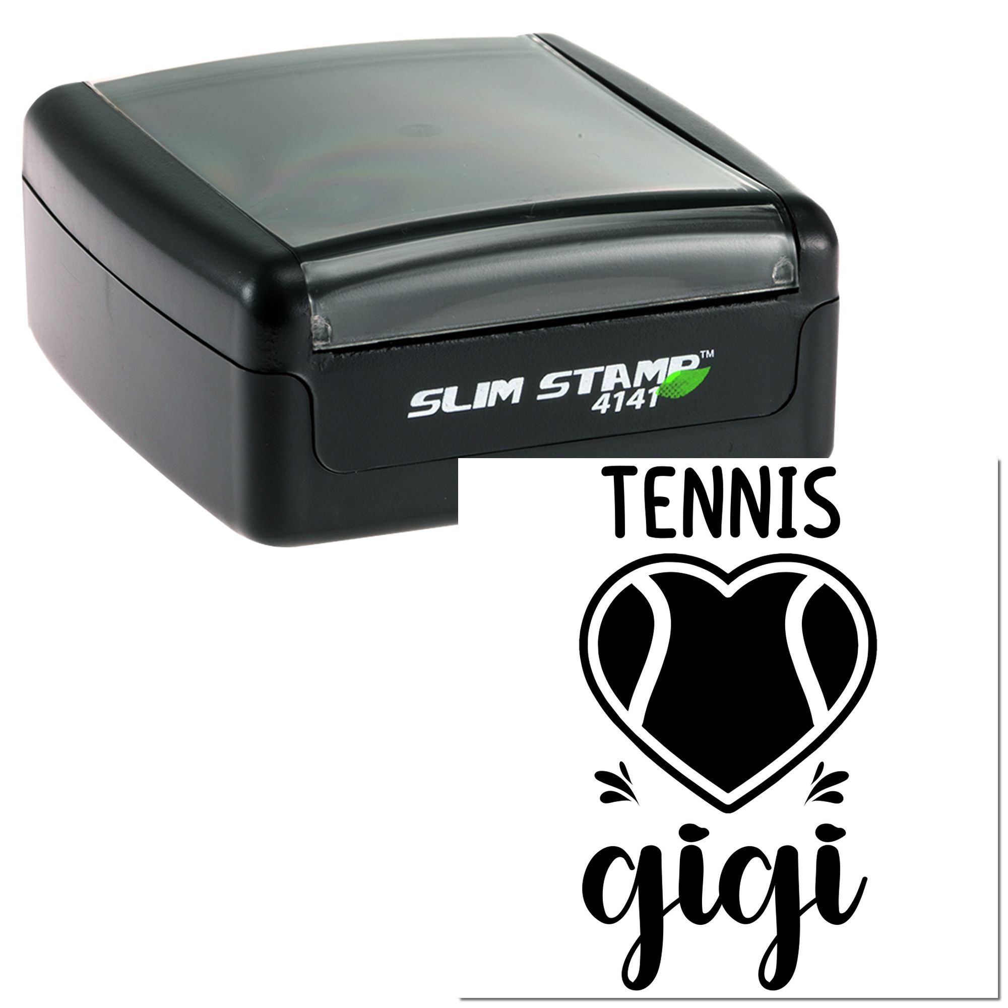 Custom tennis self-inking rubber stamp with personalized heart design and Gigi name imprint