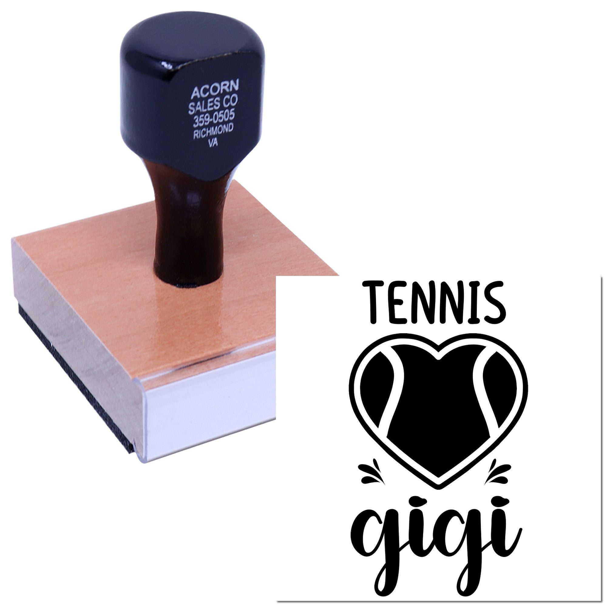 Custom tennis rubber stamp with heart logo and personalized gigi design for sports-themed crafting, gifts, and packaging.
