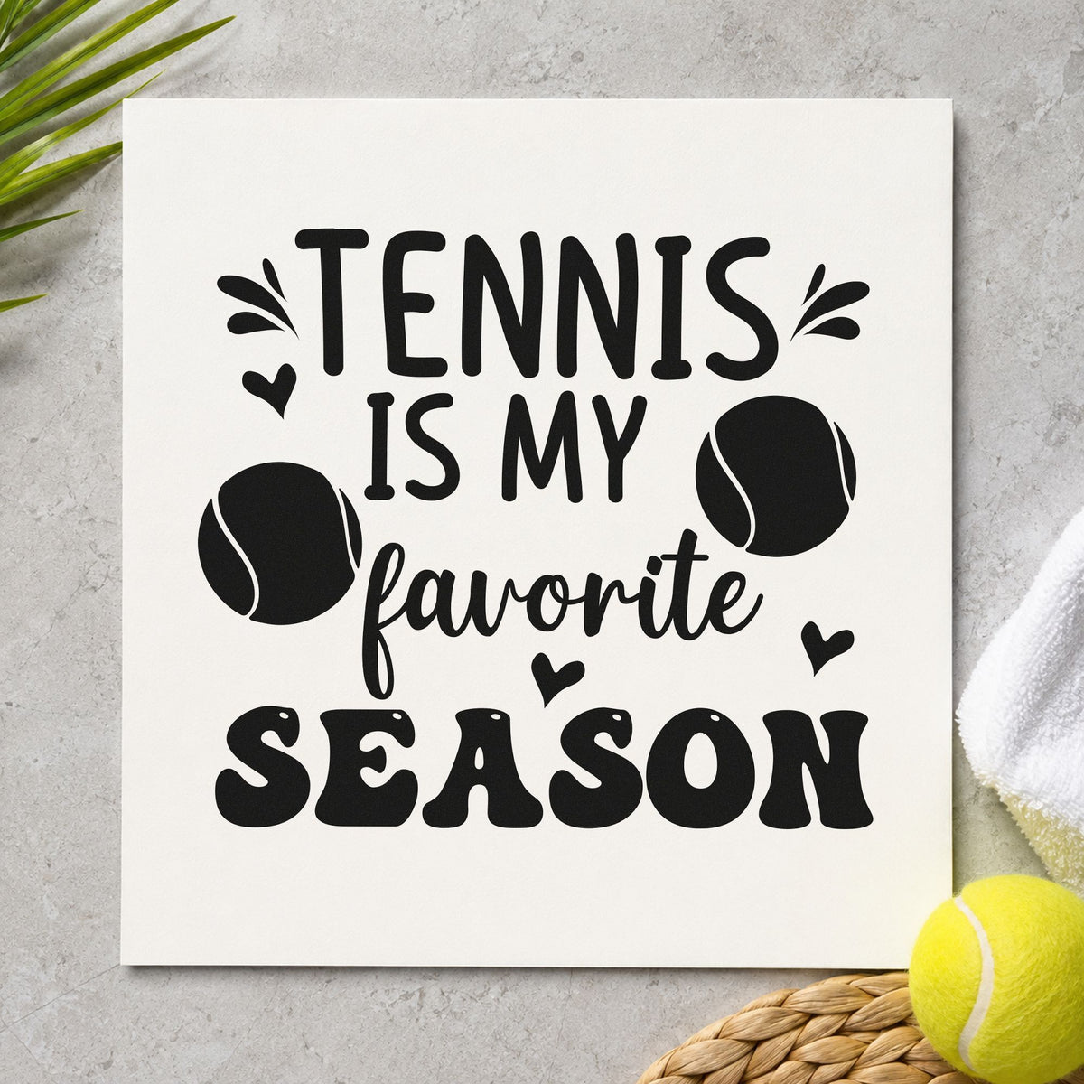 Tennis My Favorite Season craft stamp in black ink on cardstock, an easy option for opening week album page.