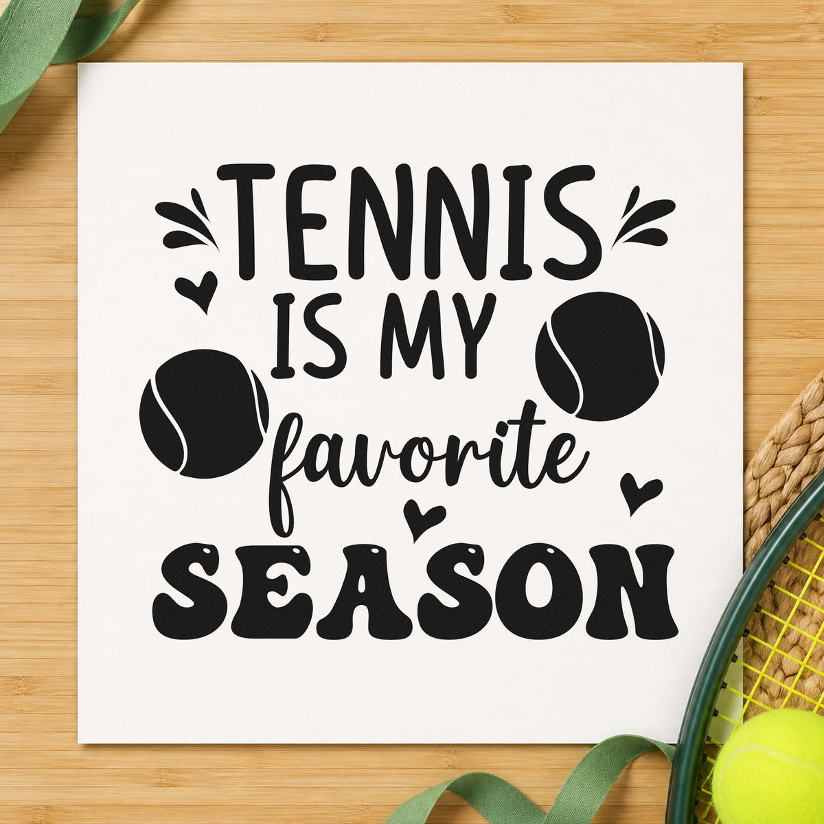 Tennis My Favorite Season craft stamp imprint in black ink on a handmade project, one idea being kit issue gift tags.