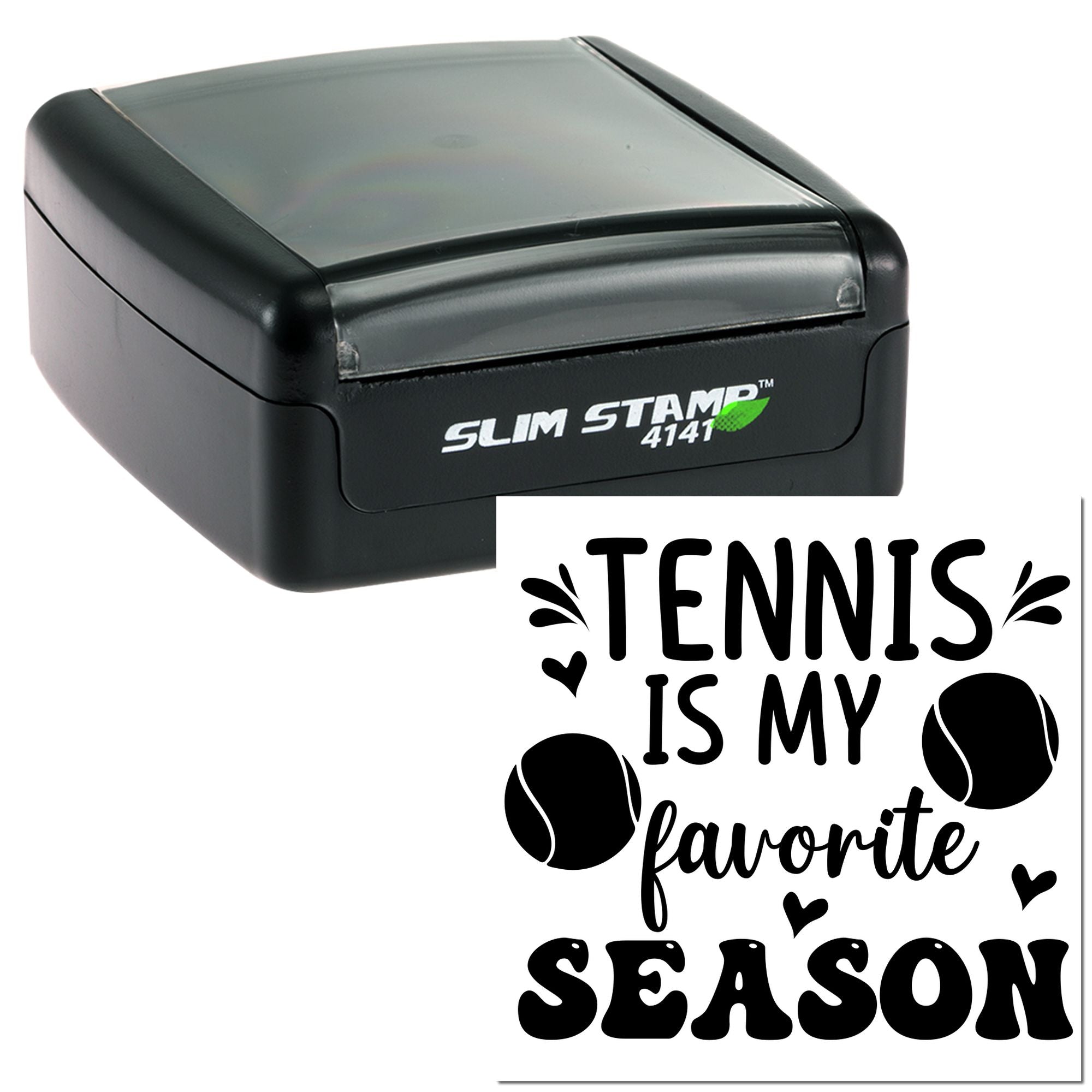 Custom tennis rubber stamp with self-inking design reading Tennis Is My Favorite Season for sports-themed crafts and stationery.