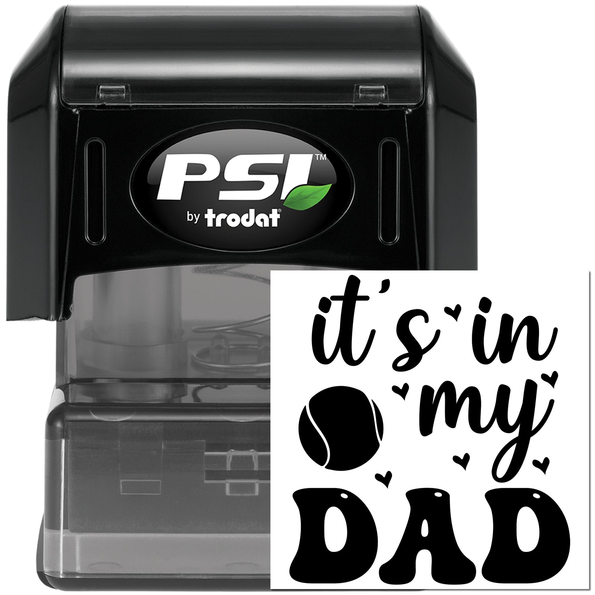 Personalized self-inking rubber stamp for Dad with tennis ball and hearts, PSI by Trodat custom stamp.
