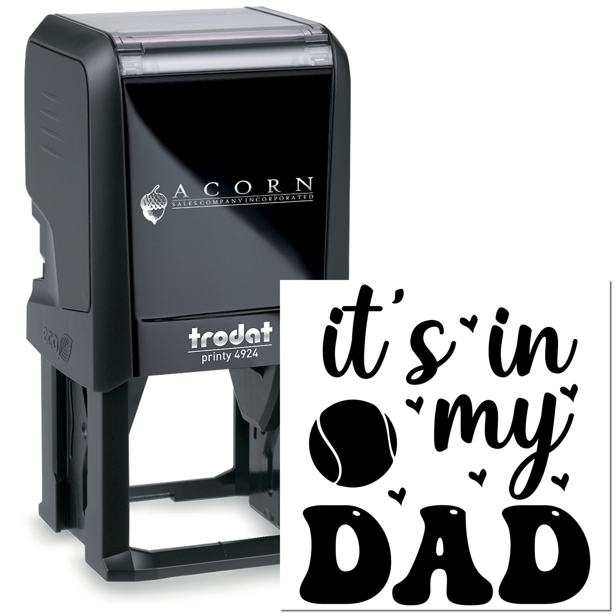 Custom self-inking rubber stamp with Its in my DAD design, ideal for personalized Fathers Day stamping.