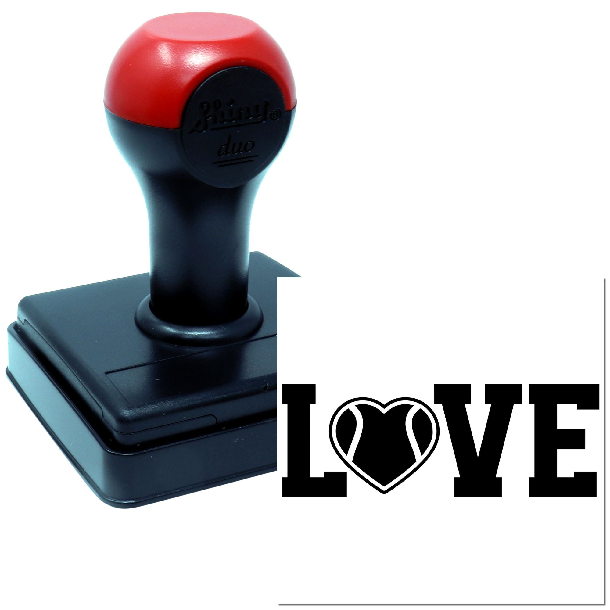Self-inking rubber stamp with LOVE heart design, ideal for crafts, cards, and custom branding.