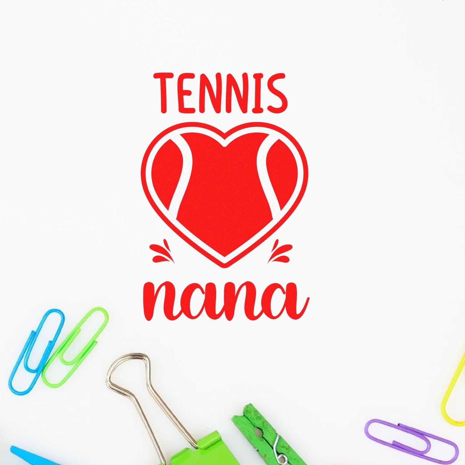 Tennis Nana rubber stamp design with heart-shaped tennis ball, perfect for personalized tennis-loving grandma gifts.
