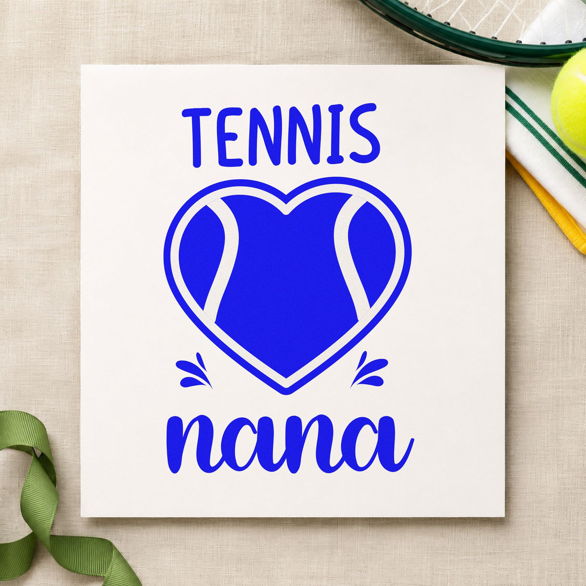 Tennis Nana Heart Ball craft stamp in blue ink on cardstock, an easy option for tin cloth printing.