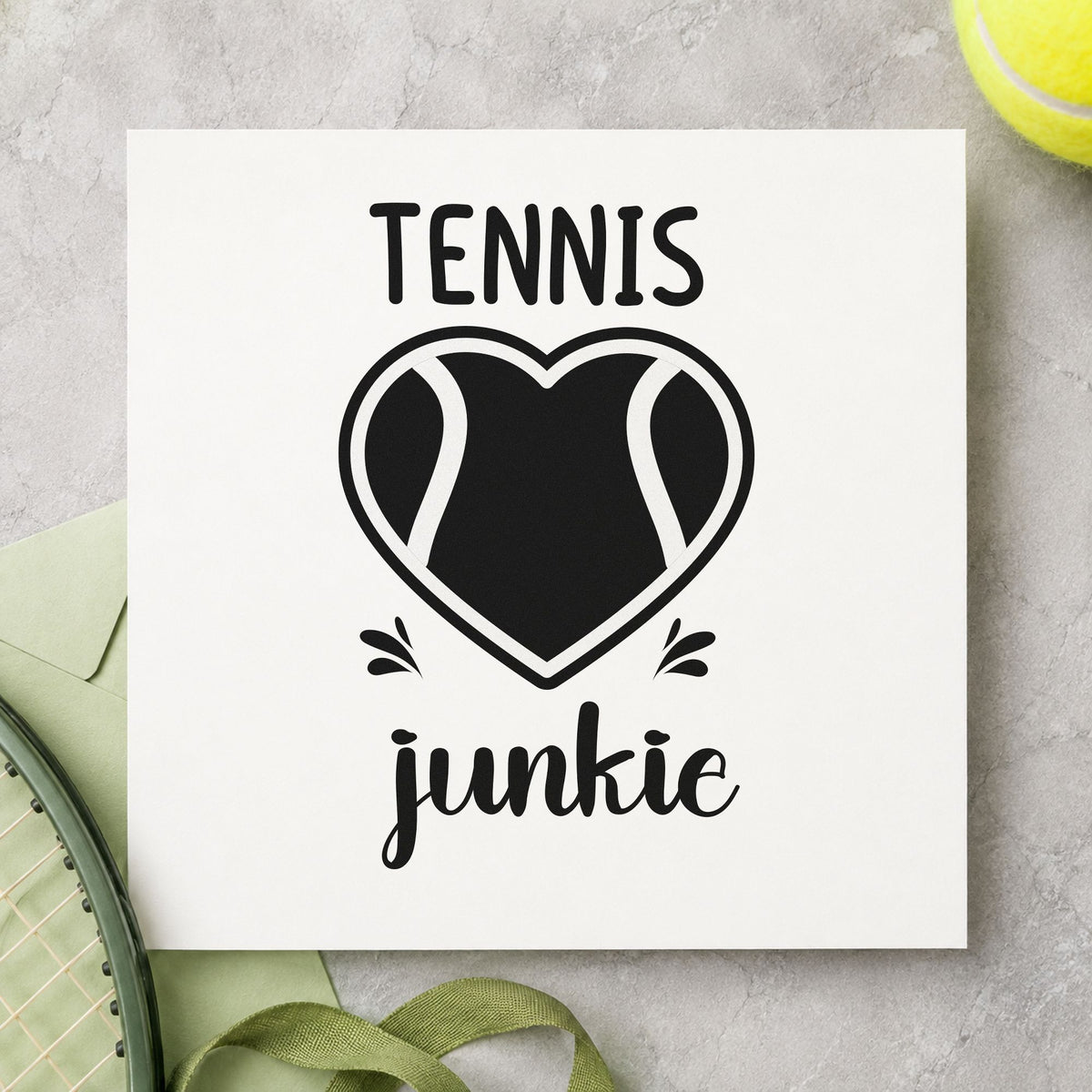 Tennis Junkie Heart Ball craft stamp in black ink on cardstock, an easy option for dawn group album page.