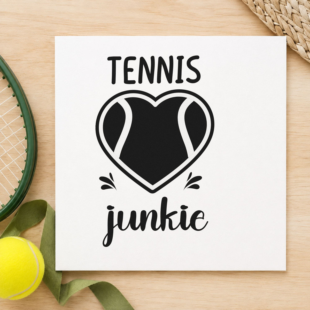 Tennis Junkie Heart Ball rubber stamp printed in black ink, ready for drill rota sheet and similar paper crafts.