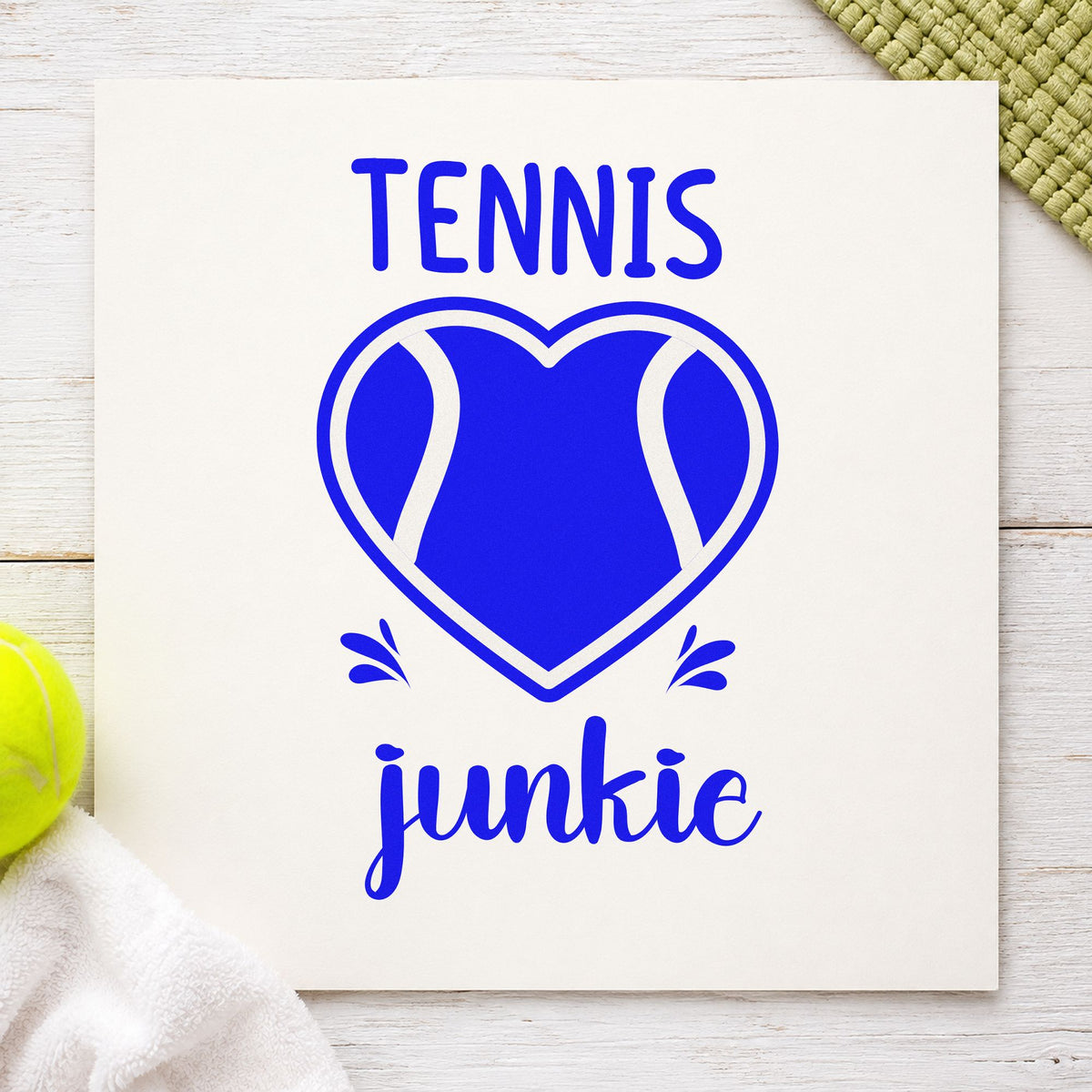 Tennis Junkie Heart Ball craft stamp in blue ink on cardstock, an easy option for sweat band printing.