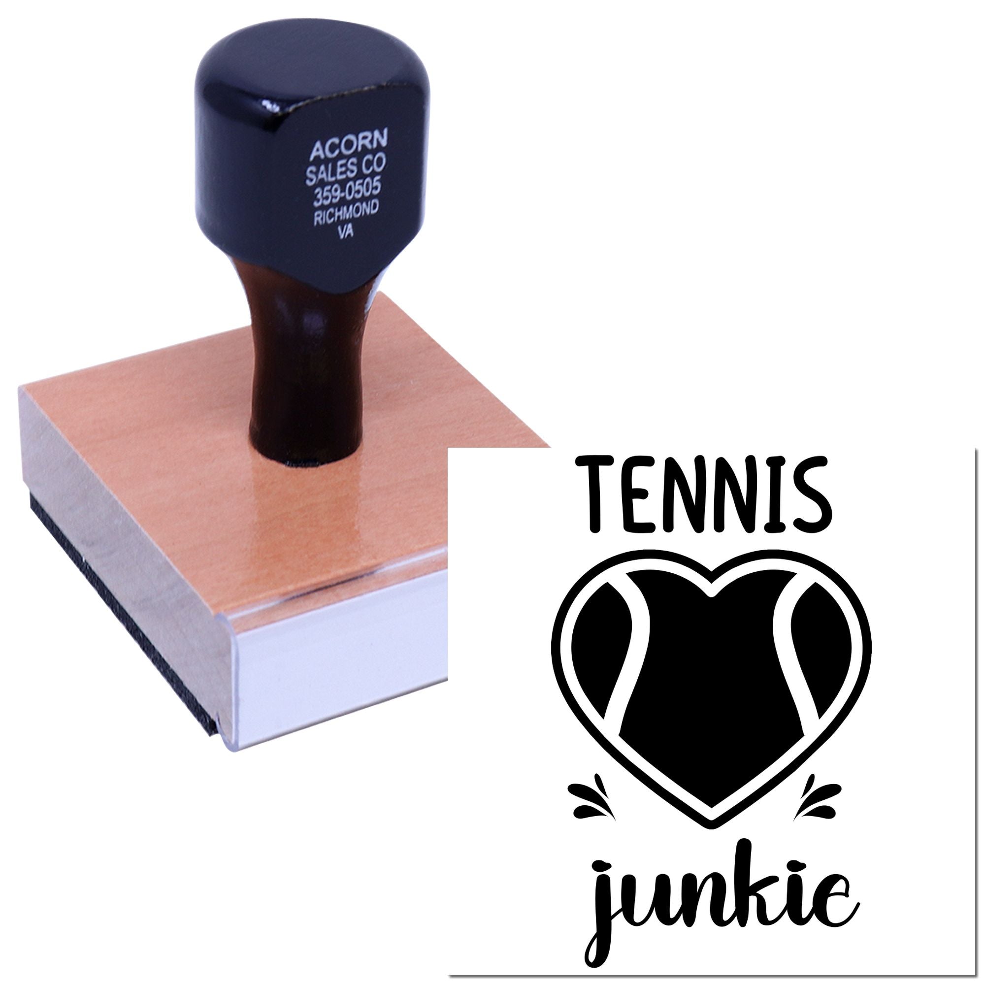 Tennis Junkie custom rubber stamp with heart tennis ball design for personalized sports crafts and labels