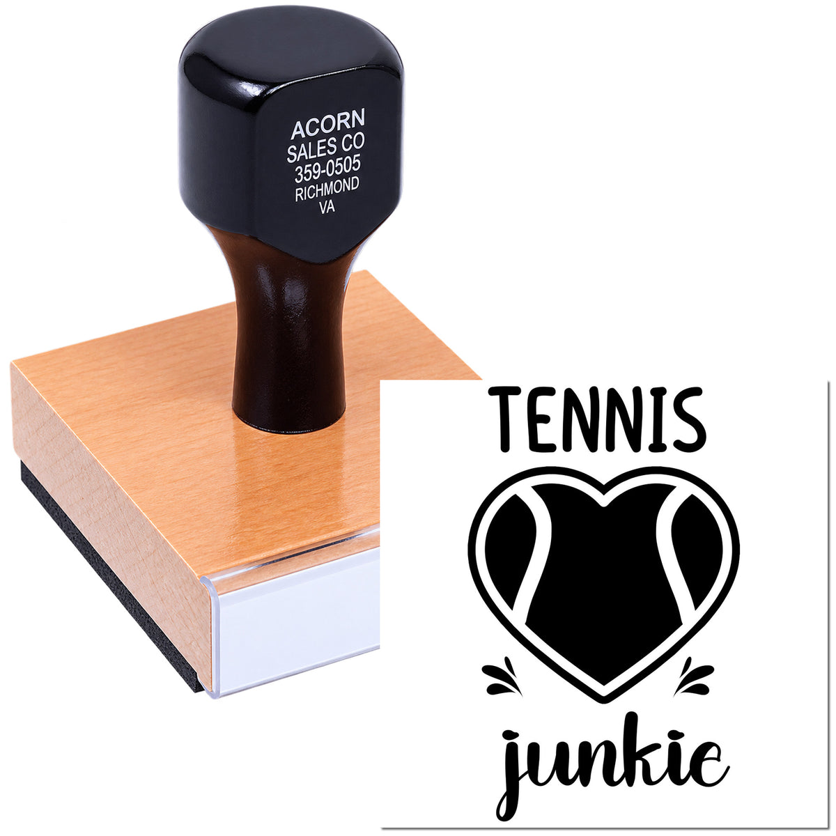 Tennis Junkie custom rubber stamp with heart tennis ball design for personalized sports crafts and labels