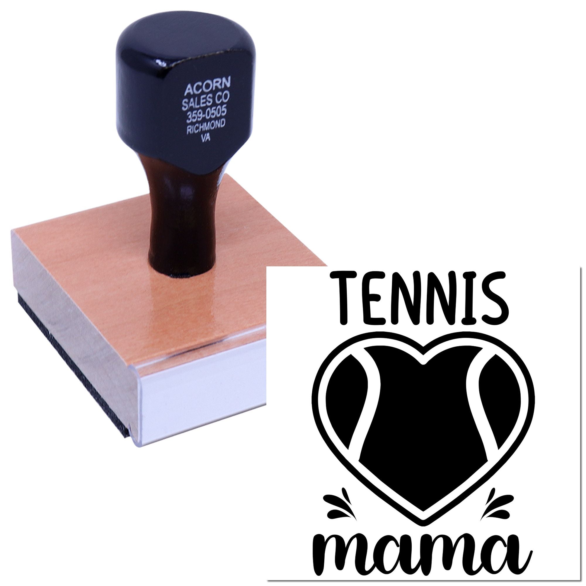 Personalized tennis mama rubber stamp with tennis ball heart design for sports-themed crafts and team mom projects.