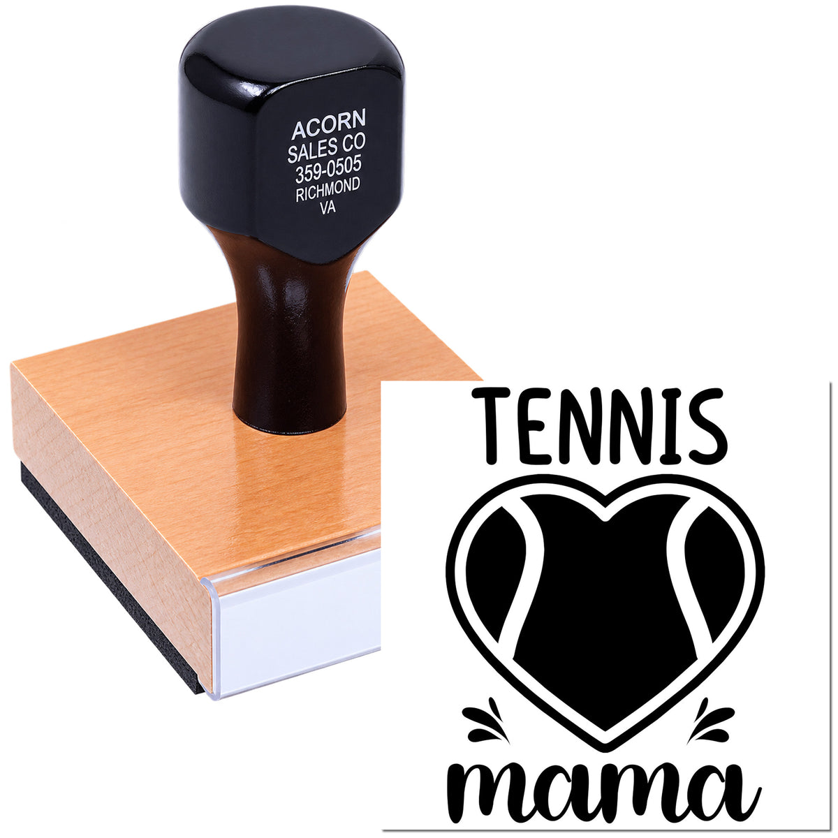 Personalized tennis mama rubber stamp with tennis ball heart design for sports-themed crafts and team mom projects.