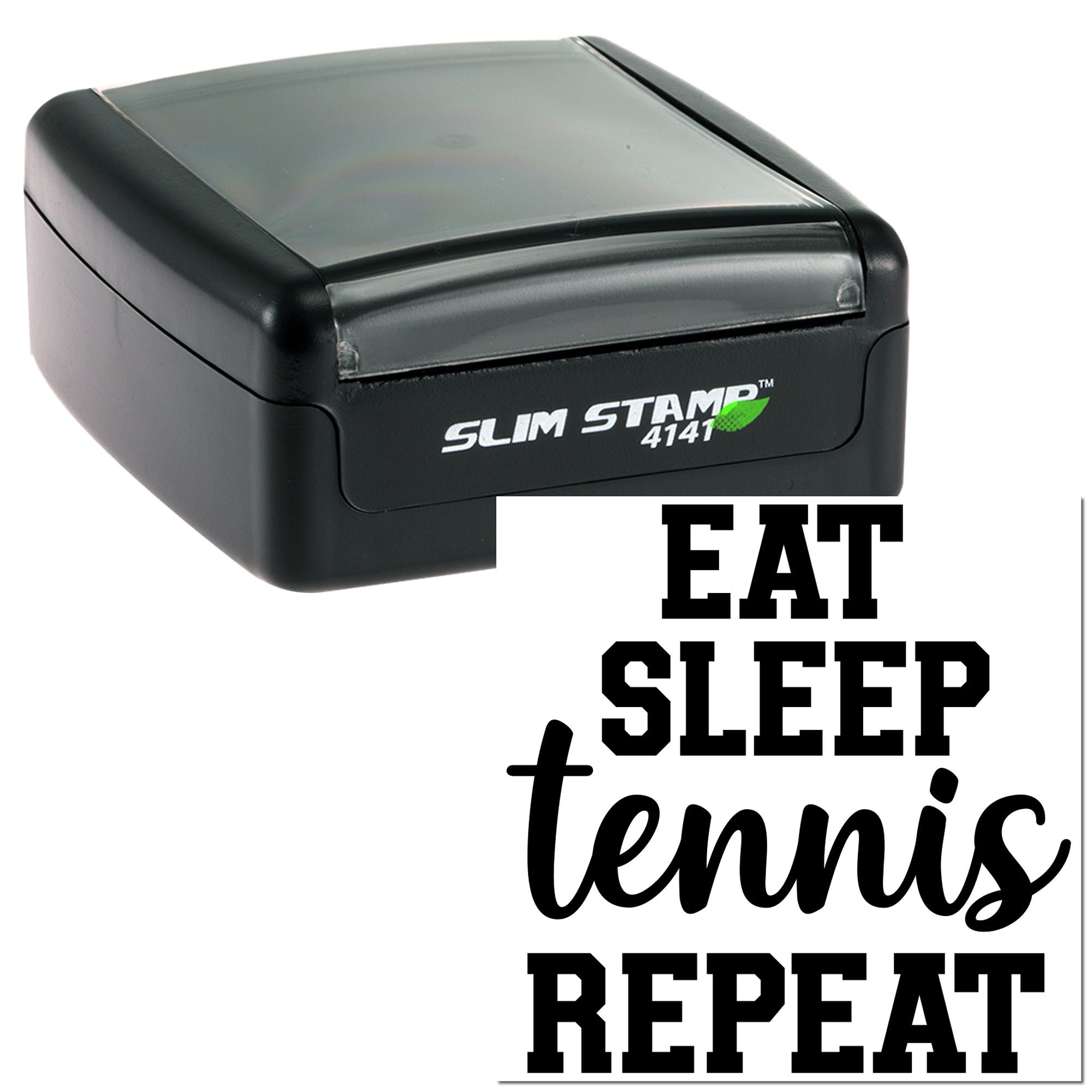 Self-inking rubber stamp with Eat Sleep Tennis Repeat design for custom sports-themed crafts, gifts, or office use.