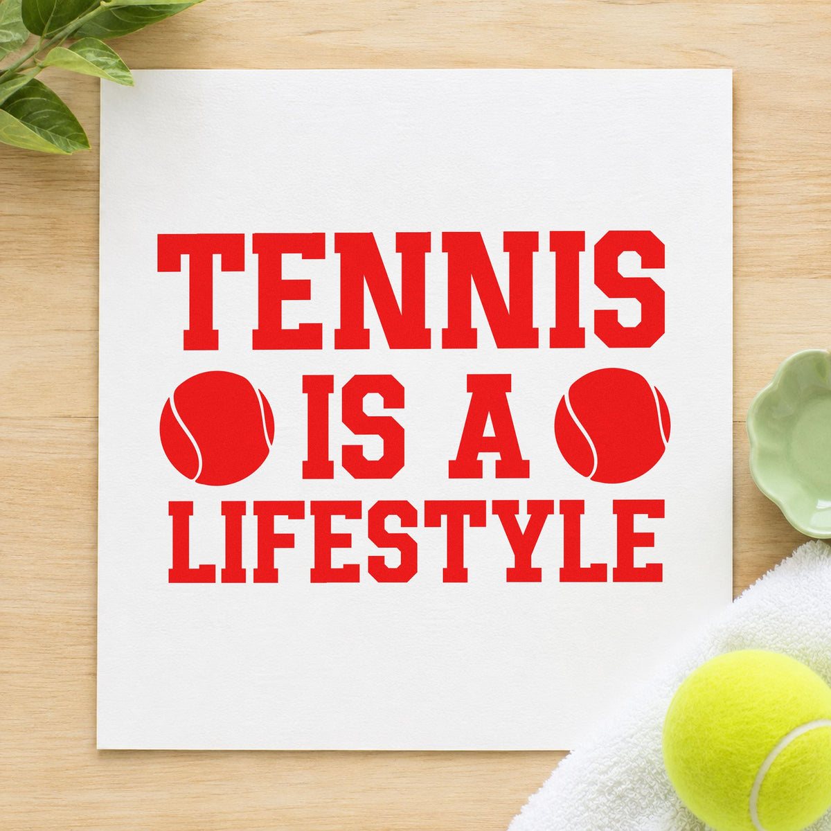 Tennis Is A Lifestyle craft stamp imprint in red ink on a handmade project, one idea being group info cards.
