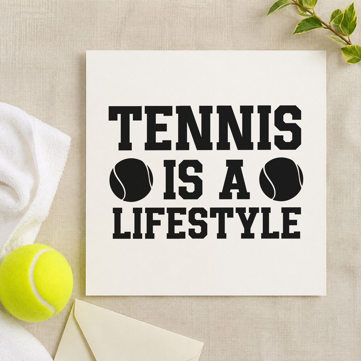 Tennis Is A Lifestyle rubber stamp printed in black ink, ready for two ball cards and similar paper crafts.
