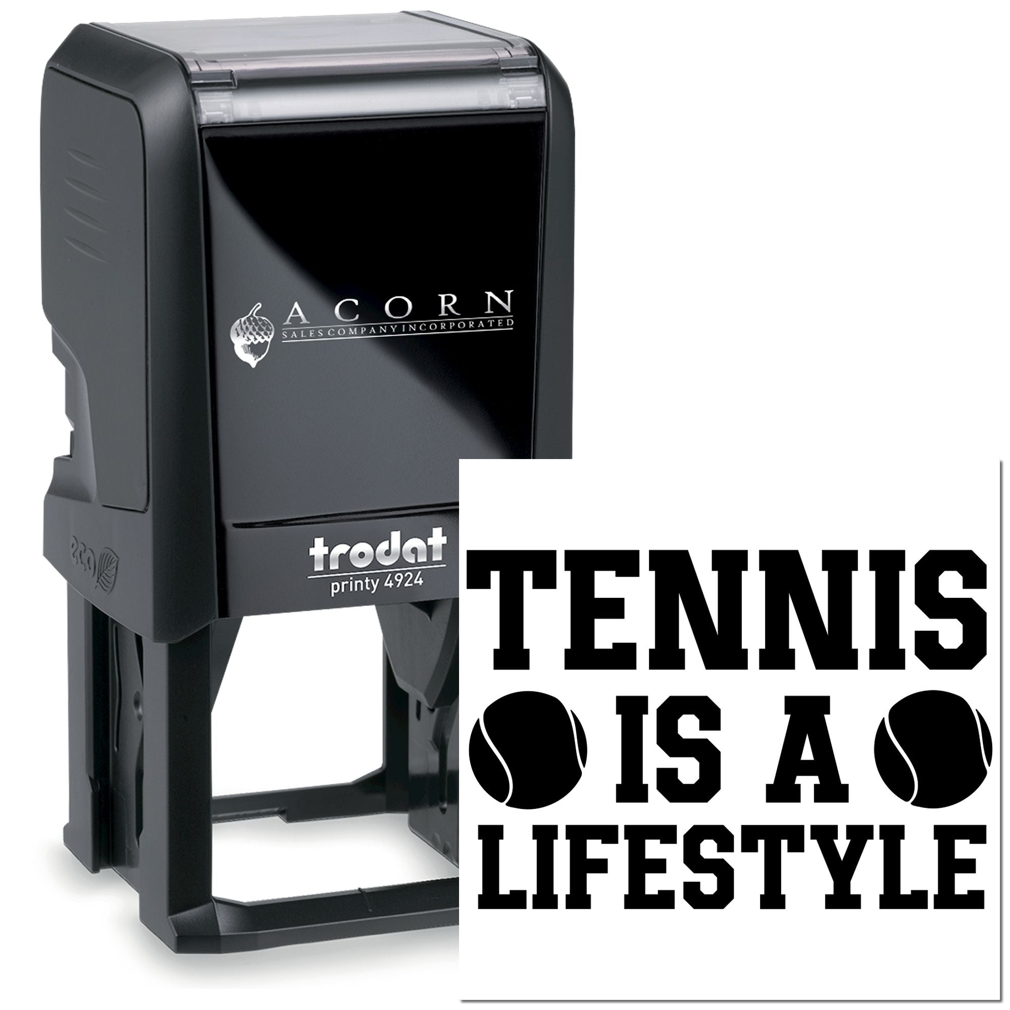 Custom self-inking rubber stamp with Tennis Is a Lifestyle design for sports branding and personalized stamping.