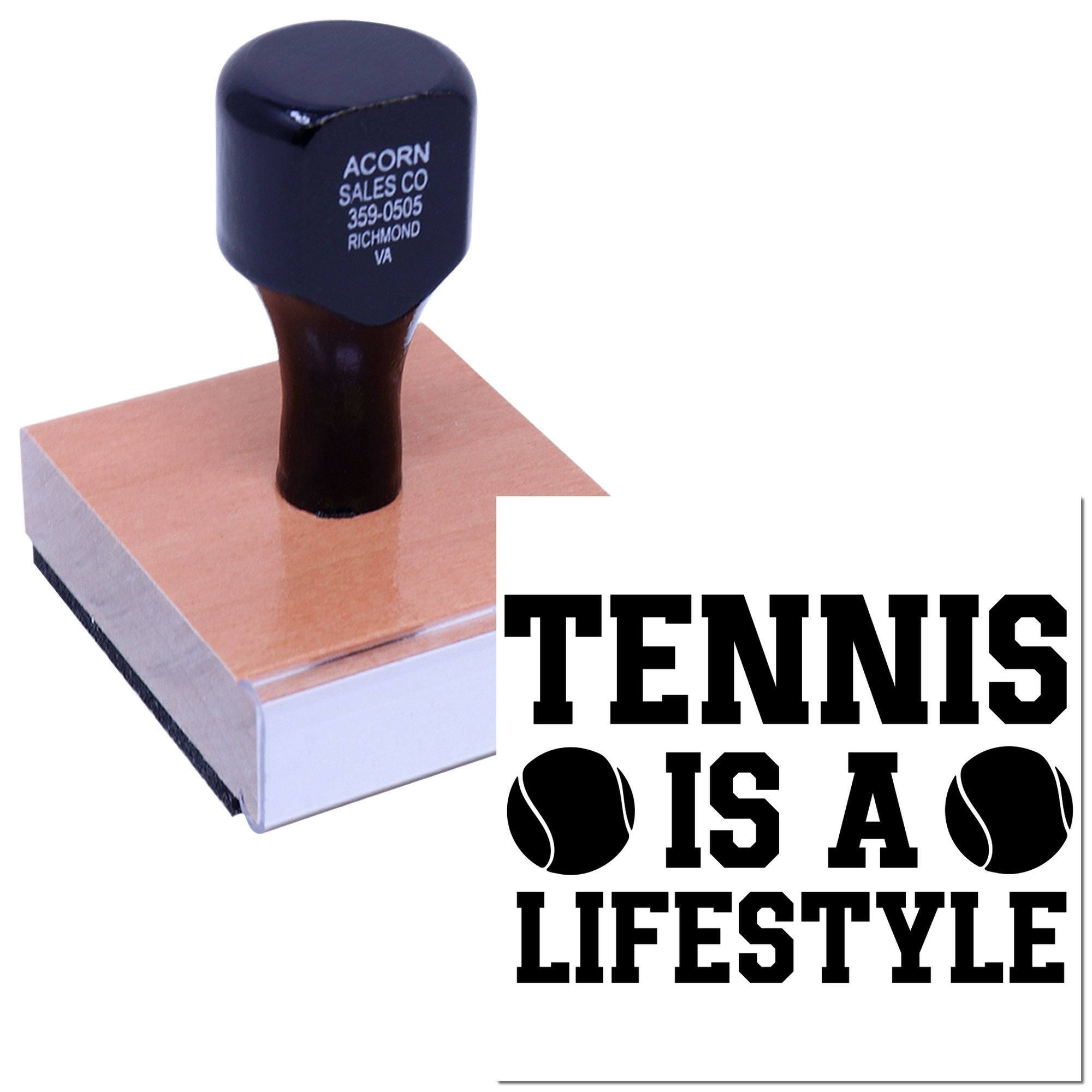 Custom rubber stamp with Tennis Is a Lifestyle design and tennis ball icons for sports-themed crafts and branding.