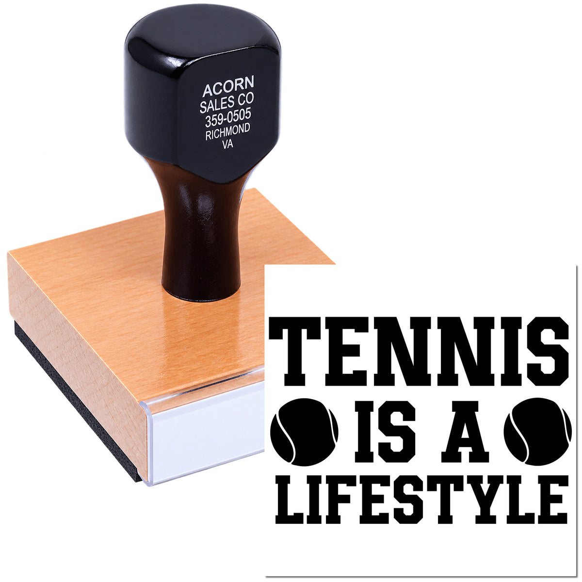 Custom rubber stamp with Tennis Is a Lifestyle design and tennis ball icons for sports-themed crafts and branding.