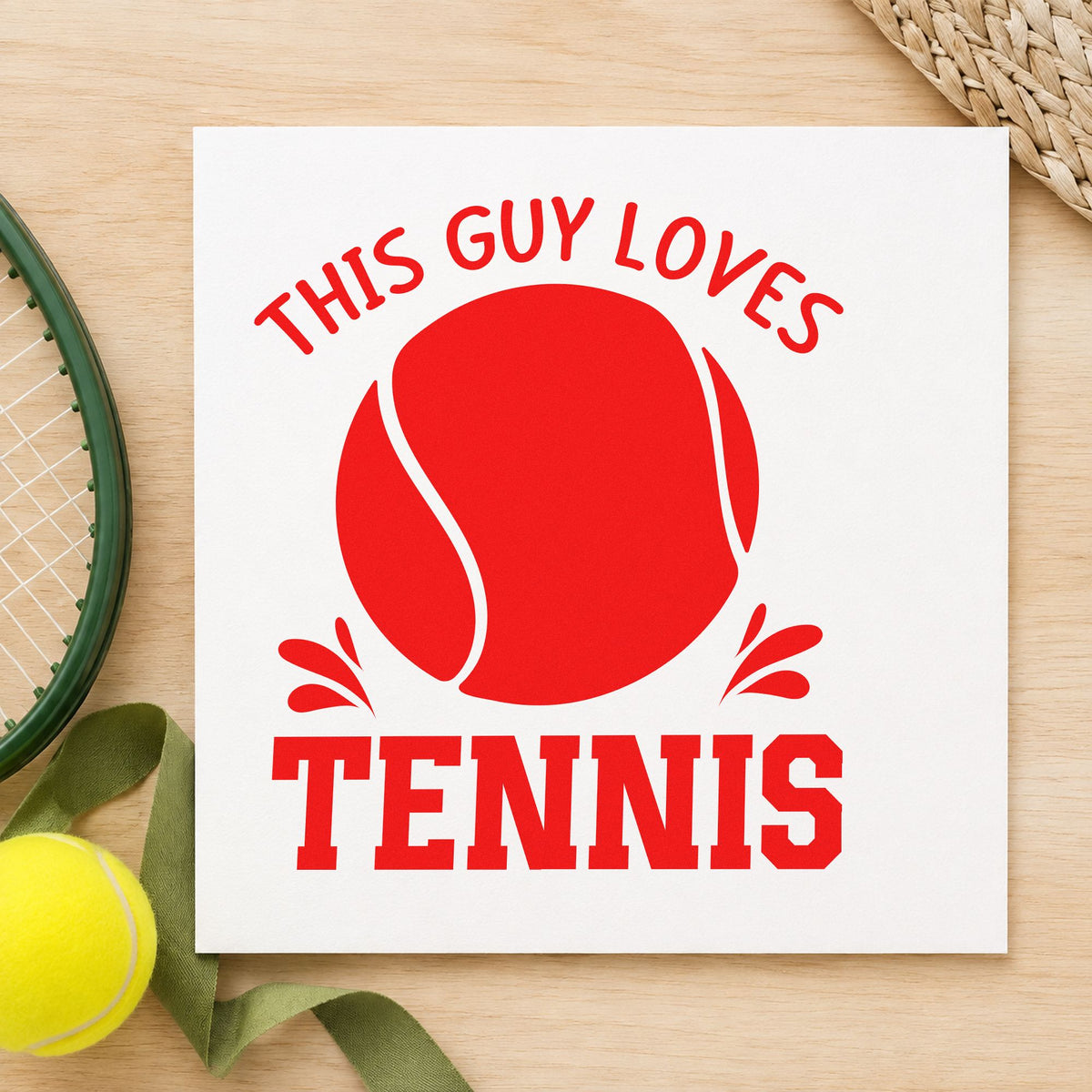 This Guy Loves Tennis craft stamp imprint in red ink on a handmade project, one idea being guest sign cards.