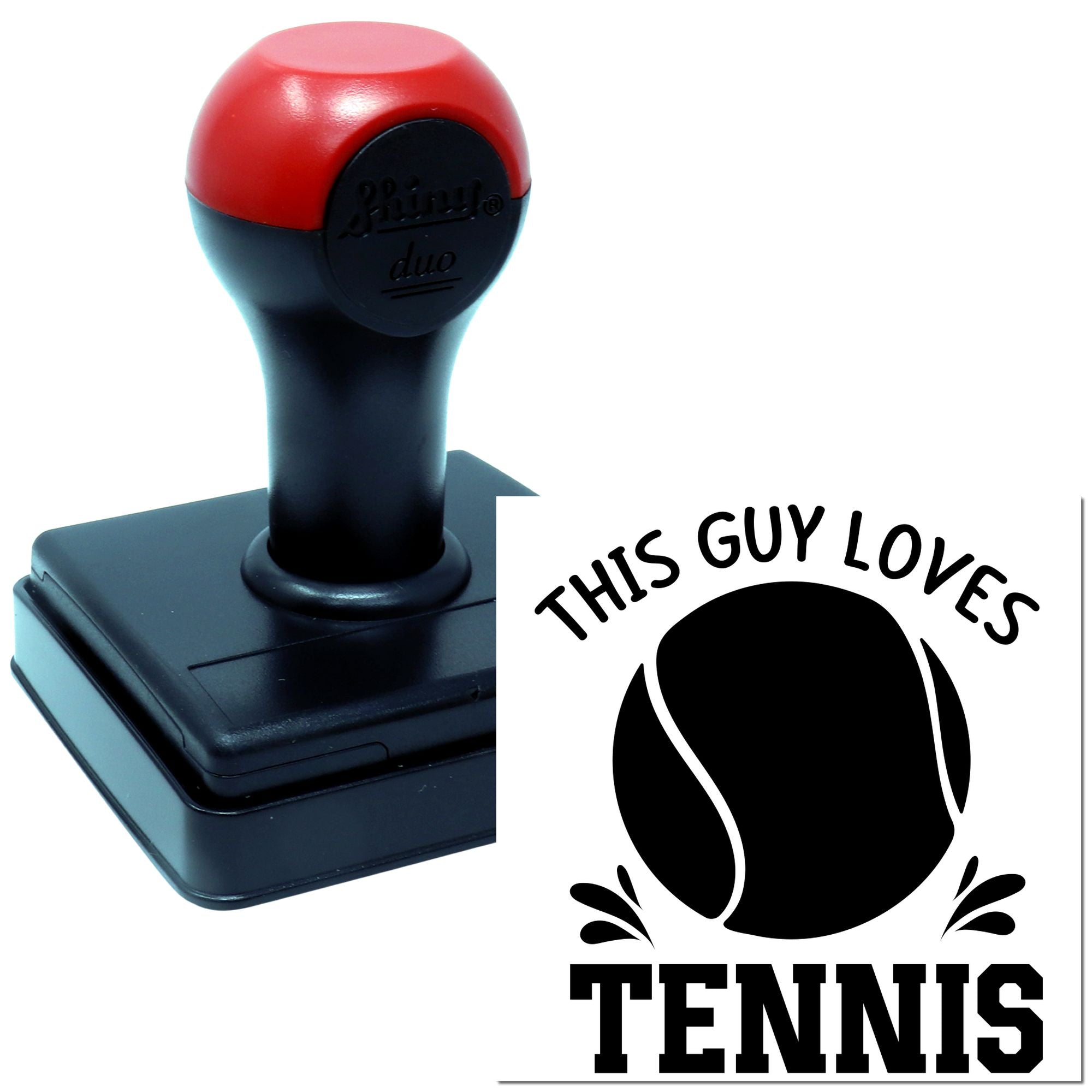 Custom self-inking rubber stamp with This Guy Loves Tennis impression, ideal for tennis fans and personalized gifts.