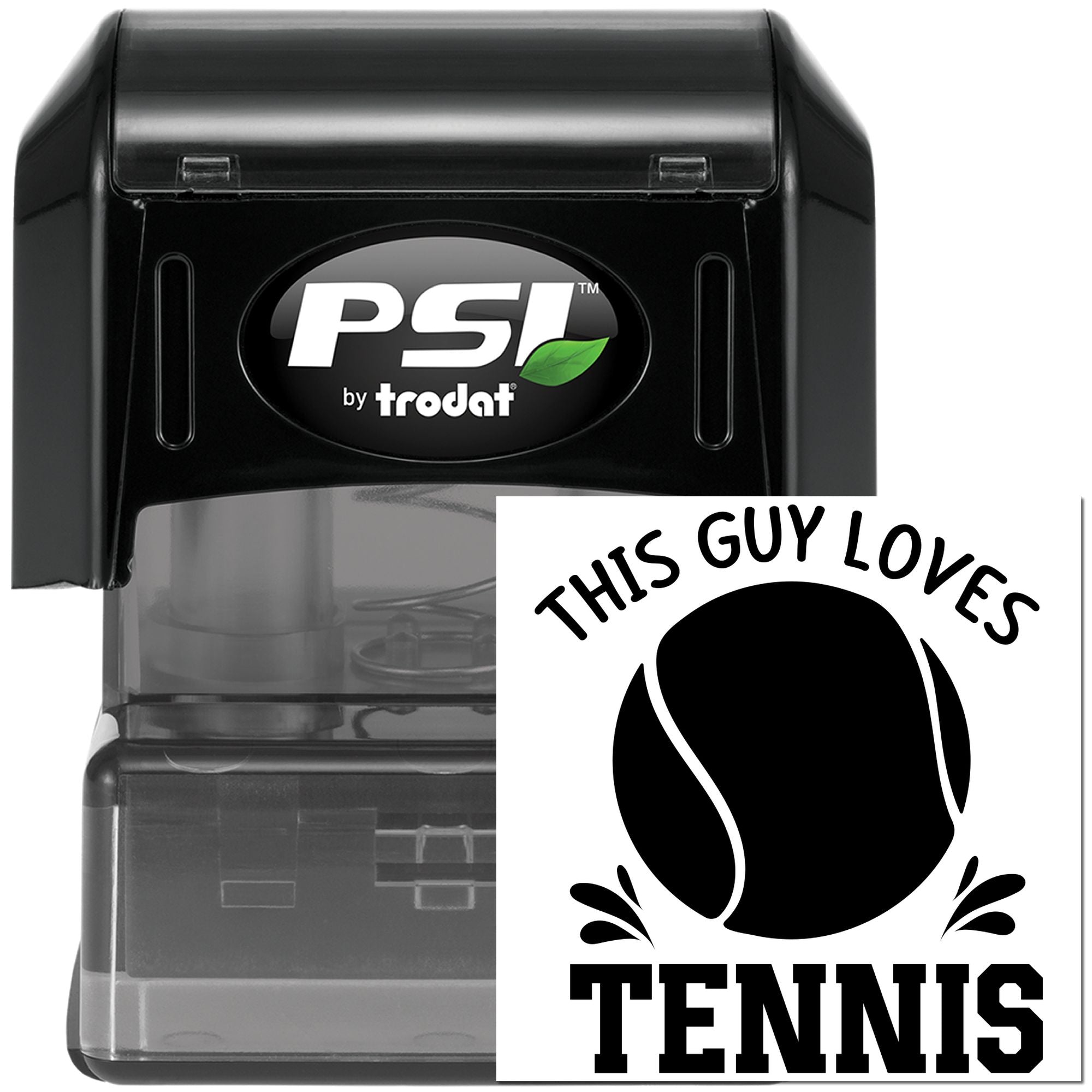 Self-inking PSI by Trodat rubber stamp with This Guy Loves Tennis tennis ball design for personalized sports gifts