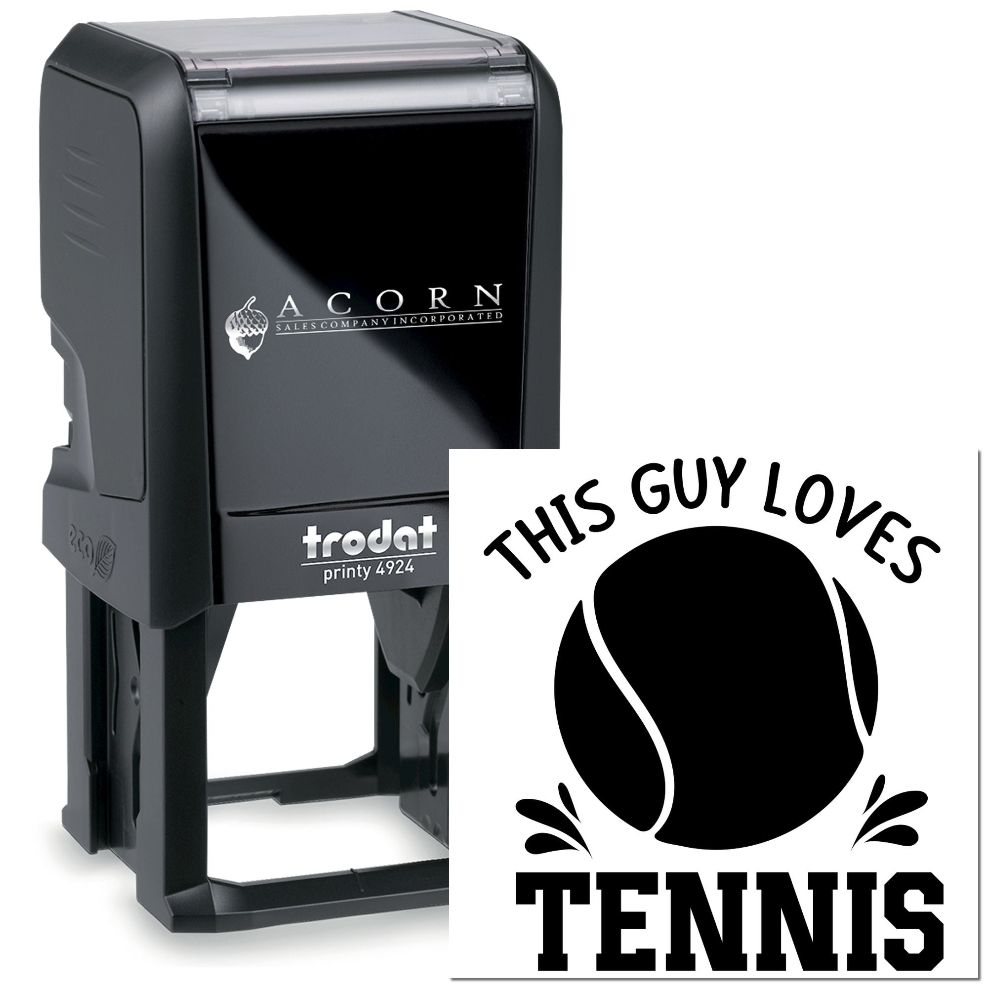 Custom self-inking rubber stamp with This Guy Loves Tennis design and tennis ball graphic for personalized sports stamping.