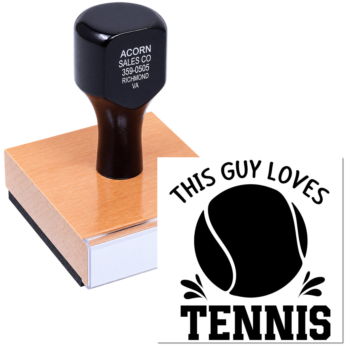 Custom rubber stamp for tennis lovers with This Guy Loves Tennis logo for sports-themed crafting and packaging.