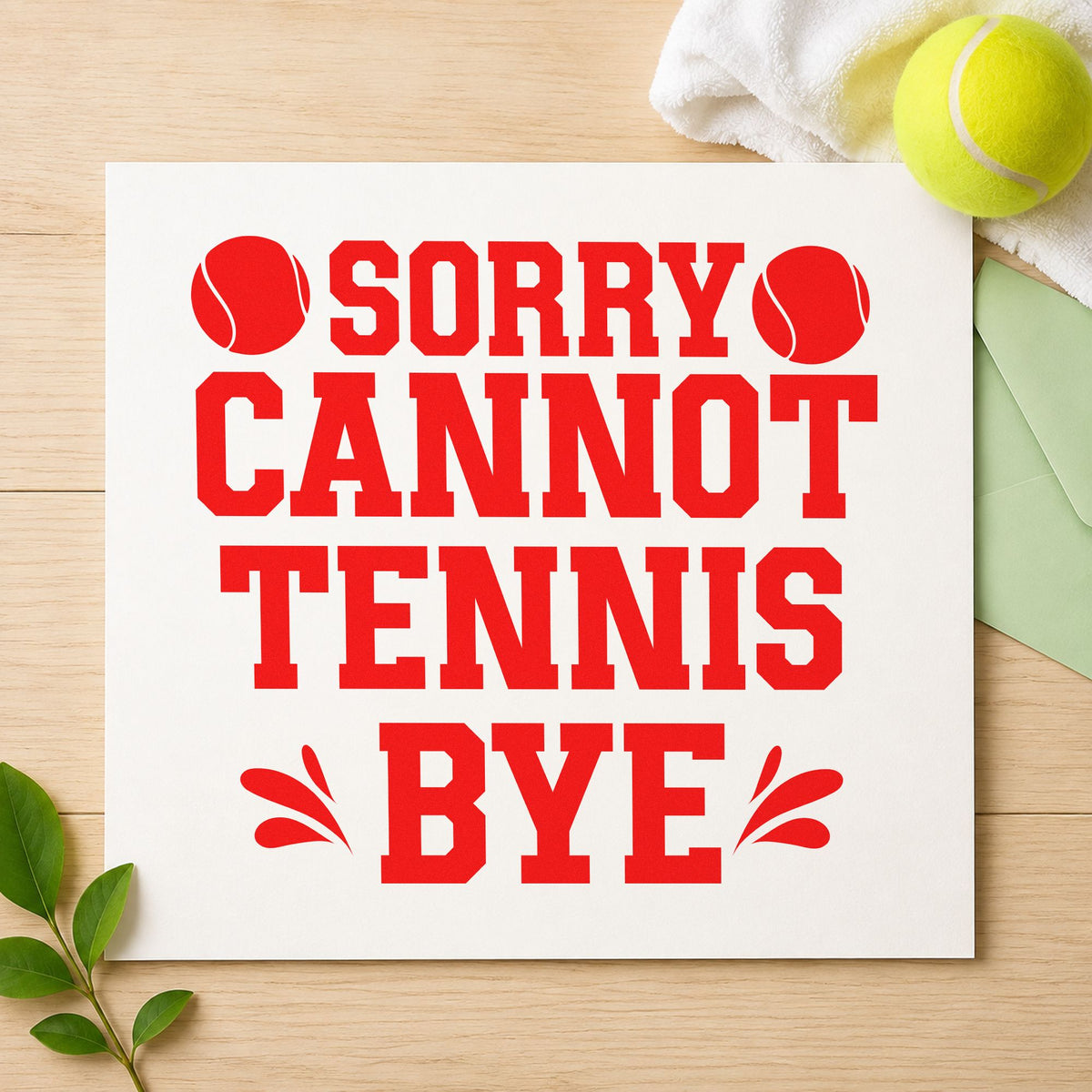Sorry Cannot Tennis Bye craft stamp imprint in red ink on a handmade project, one idea being rain check cards.