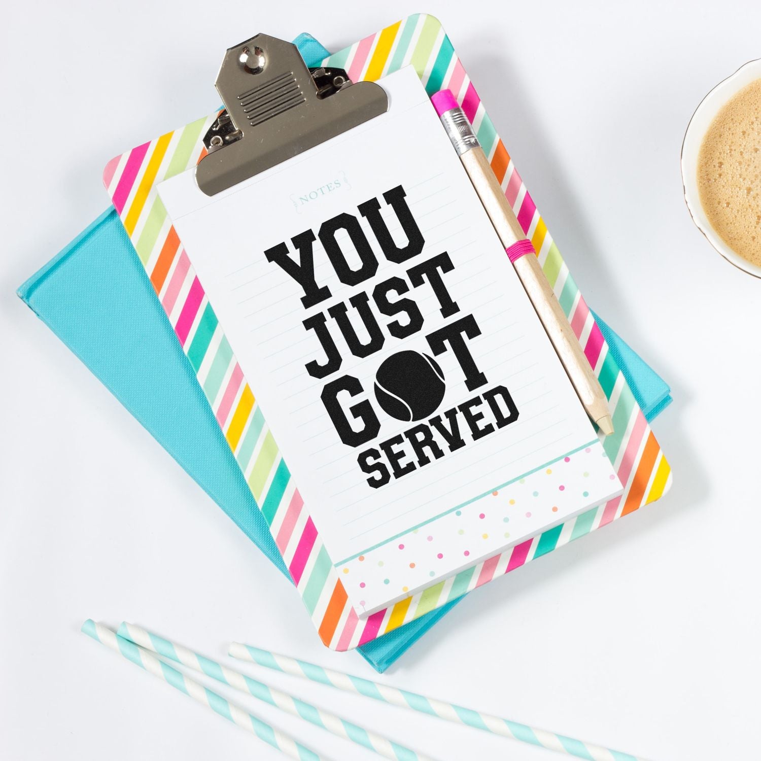 Clipboard note with You Just Got Served custom rubber stamp design, ideal for office, teacher, or craft use.