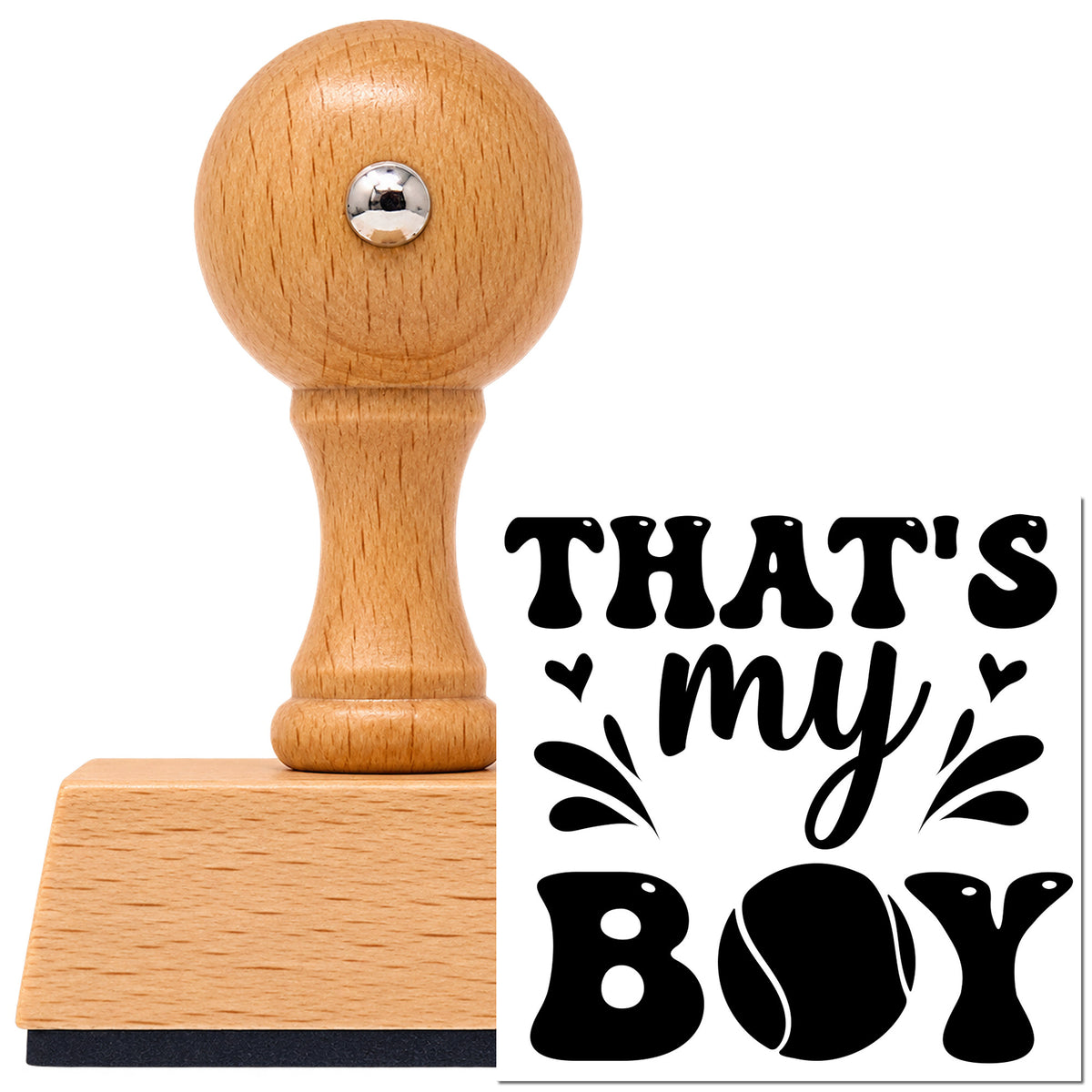 That's My Boy Tennis Ball Lettering Vintage Pro rubber stamp in European beech wood with a round knob handle, shown beside its black imprint.